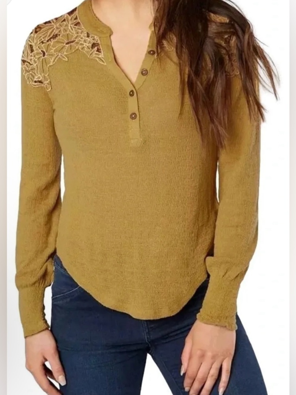 Free People Olive Green Embroidered Shoulder Henley Long Sleeve Tee - Size S